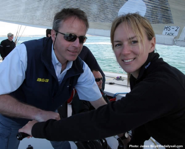 Debra mans the pumps on board Mari Cha IV during this year's Rolex round the island race