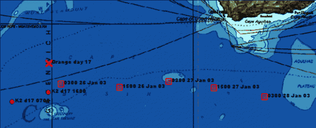 Red dot = Kingfisher2, red square = Geronimo, red X = Orange. Compare: K2 d17 0700, Orange d17 and 0300 28 Jan position for Geronimo