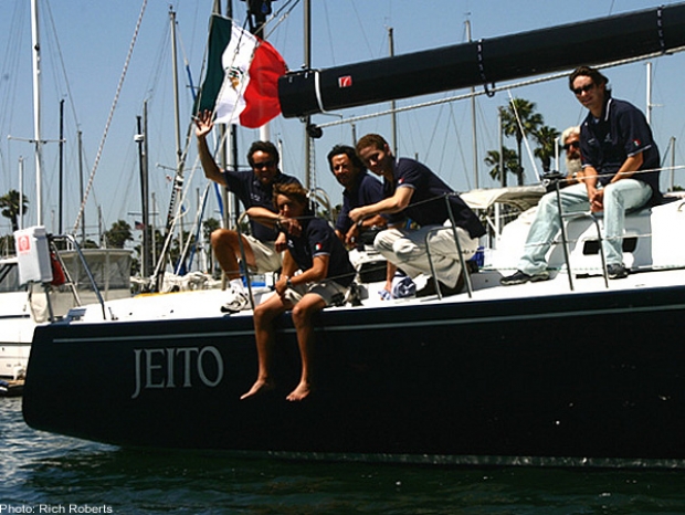 Among the record nine foreign boats sailing in Transpac 2003 is the J/145 Jeito of Mexico's Francisco Guzman (waving at left). Some of the other crew members are (from left) Francisco Guzman Jr., the skipper's son; Rafael Ambrosi, Enrique Giraud, Jon Shampain of San Diego and Franco Ambrosi. They'll start in Division 3 Friday.