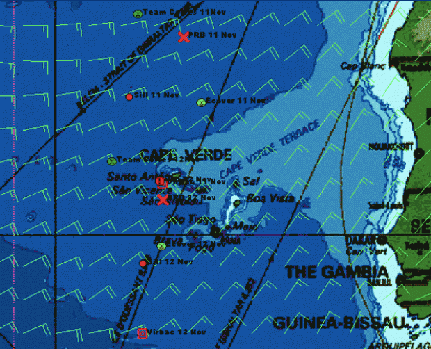 Leading monohulls at 0900 today and yesterday plus today's winds