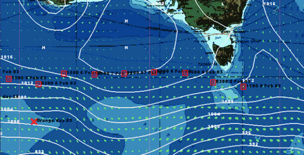 The bulk of the depression has now passed through to the south so Geronimo should be able to dive south soon. Image courtesy of Raymarine