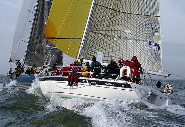 Deuce, owned by Mr and Mrs M Gee of Lymington, chasing Shockwave, owned by Nick Lutte, in the IRC Division 2 class of the Raymarine Warsash Spring Series on April 13th. Shockwave held on to take fifth place ahead of Deuce in sixth.