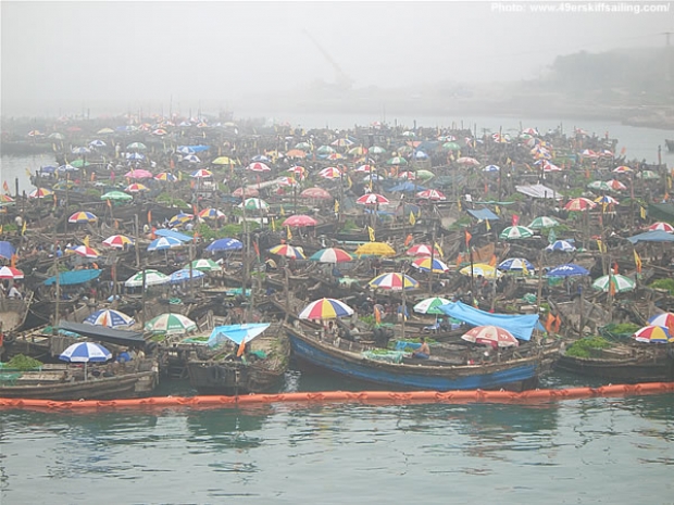 The boats in charge of picking up the algae in Qingdao break for lunch