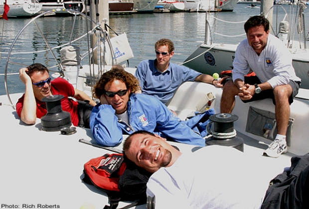 Italy's Paolo Cian (right) and crew makes themselves at home on one of the Catalina 37s to be sailed in the Congressional Cup. Crew members are (foreground) Francesco De Vita and (from left) Pierluigi Fornelli, Davide Scarpa and Peter van Niekirk.