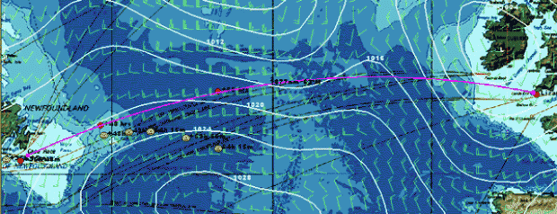 Yellow dots = Orange II. Red dots = PlayStation. During her record PlayStation stuck to the Great Circle to sail the minimum amount of miles. Peyron has had to dive south of it as the previous holder Jet Services V had to in 1990