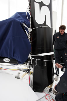 Foot of the wingmast showing the halyards disappearing into the deck