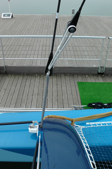 The tackle for the runner which disappears off to a ram mounted behind the aft beam