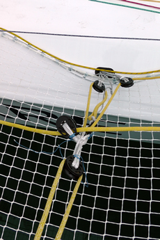 No side decks so a track-less barber hauler arrangement is used for the headsail sheets
