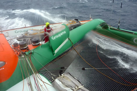 Groupama 3 - Cammas gets a dunking. Photo &copy;; Groupama