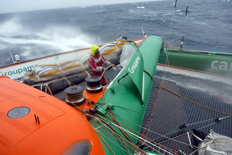 Groupama 3 - Cammas gets a dunking. Photo &copy;; Groupama