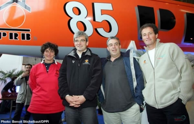 Isabelle Autissier with fellow PRB skippers Vincent Riou, Jean-Yves Hasselin and Michel Desjoyeaux