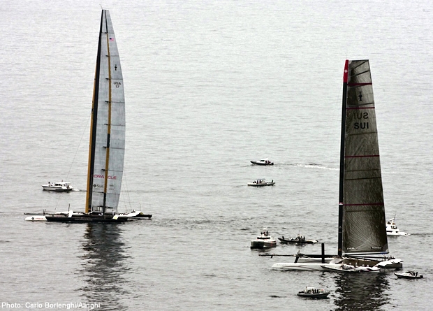 Alinghi 5 and BMW Oracle Racing's USA await the wind