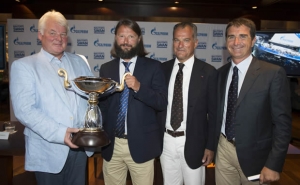 Valery Golubev, Deputy Chairman of the Gazprom Management Committee, Vladimir Liubomirov, Commodore of Saint Petersburg YC holding the Gazprom Swan 60 Trophy, Leonardo Ferragamo, Chairman of Nautor’s Swan and Enrico Chieffi, MD of Nautor's Swan